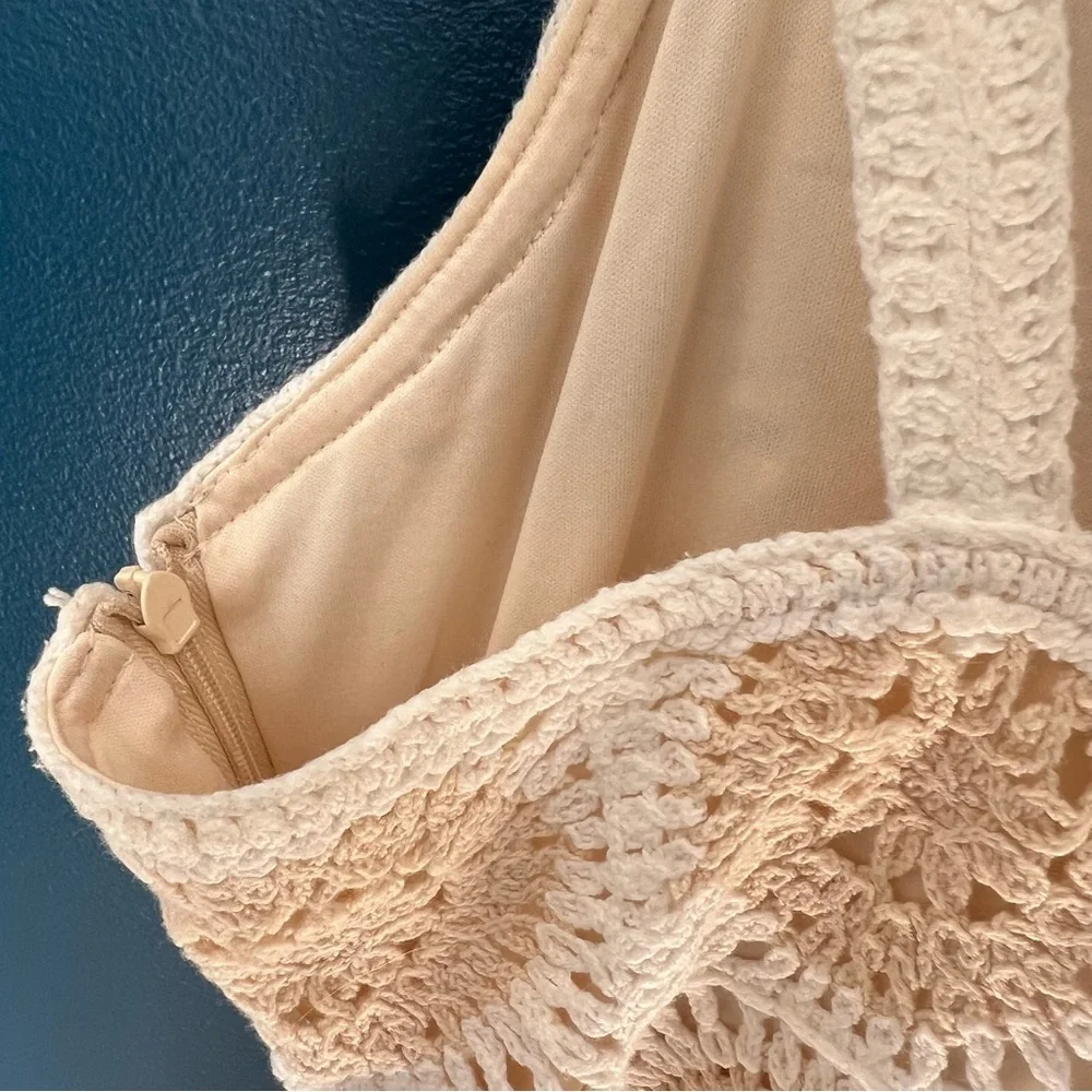 Zara Medium White and Tan Crochet Mini Summer | Boho Dress - Picture 8 of 9